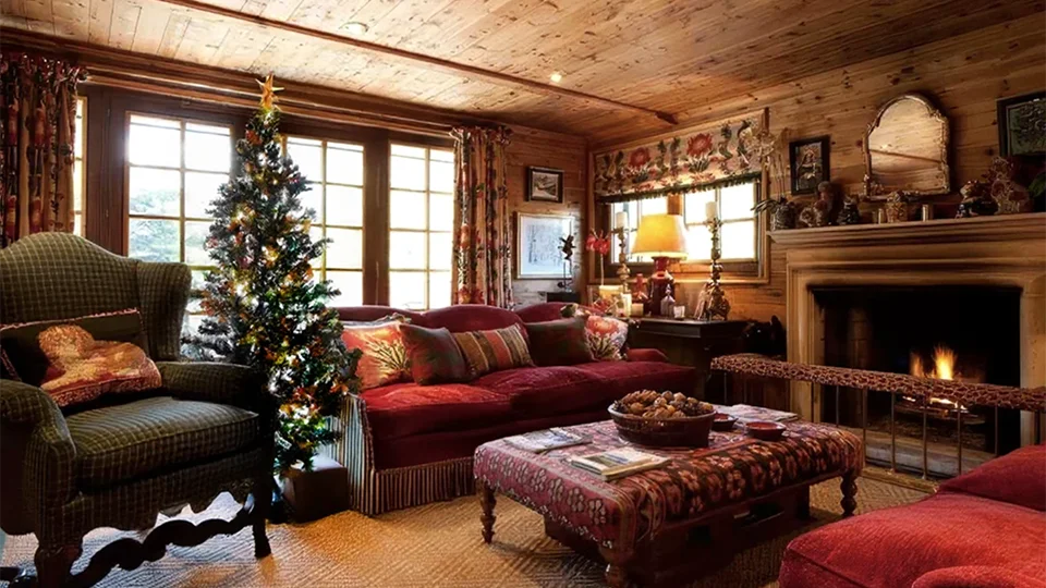 The living space of a ski chalet at Christmas