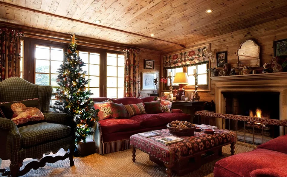 A ski chalet at Christmas with log fire and tree