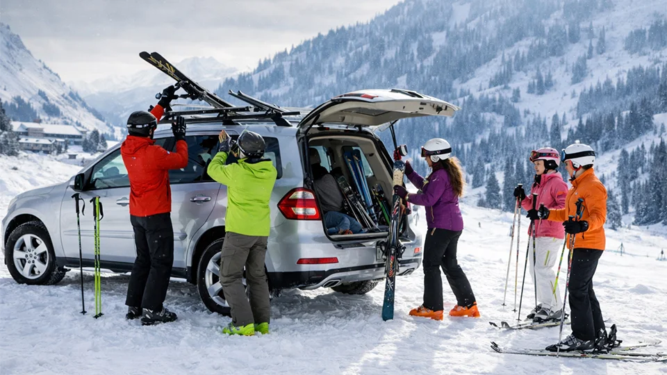 Family unloading a car of ski equipment, on a self-drive ski apartment holiday
