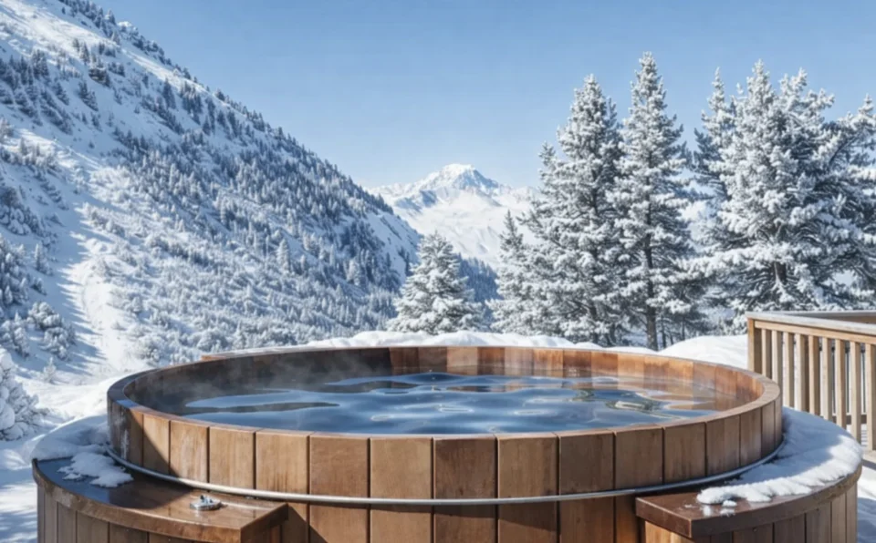An outdoor wooden hot tub with a snowy Mountain View