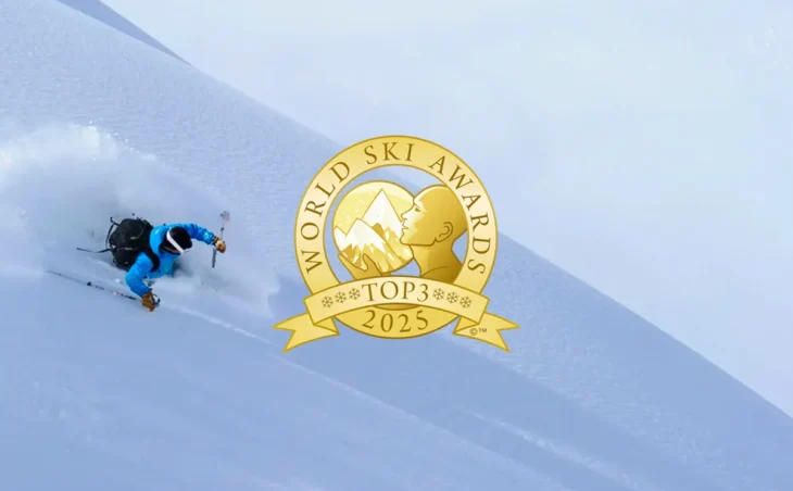Skier carves through deep crisp powder snow on ski holiday in Japan - with World Ski Award logo overlay