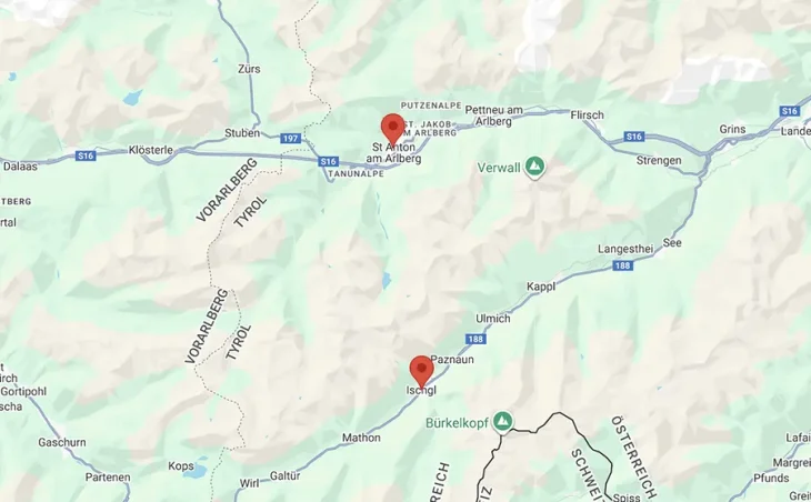 St Anton and Ischgl locations shown on a map