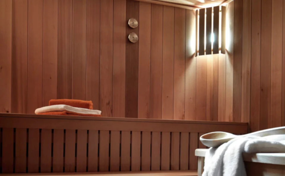 The inside of a modern sauna at some ski accommodation