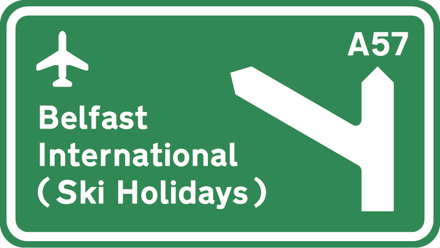 Ski holidays from Belfast International Airport road sign graphic