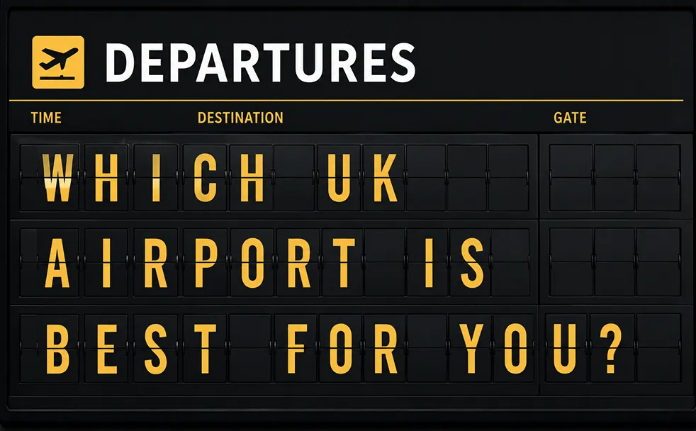 "Which UK Airport is Best for You?" shown on an airport departure board. The Best UK Airports for Ski Holidays